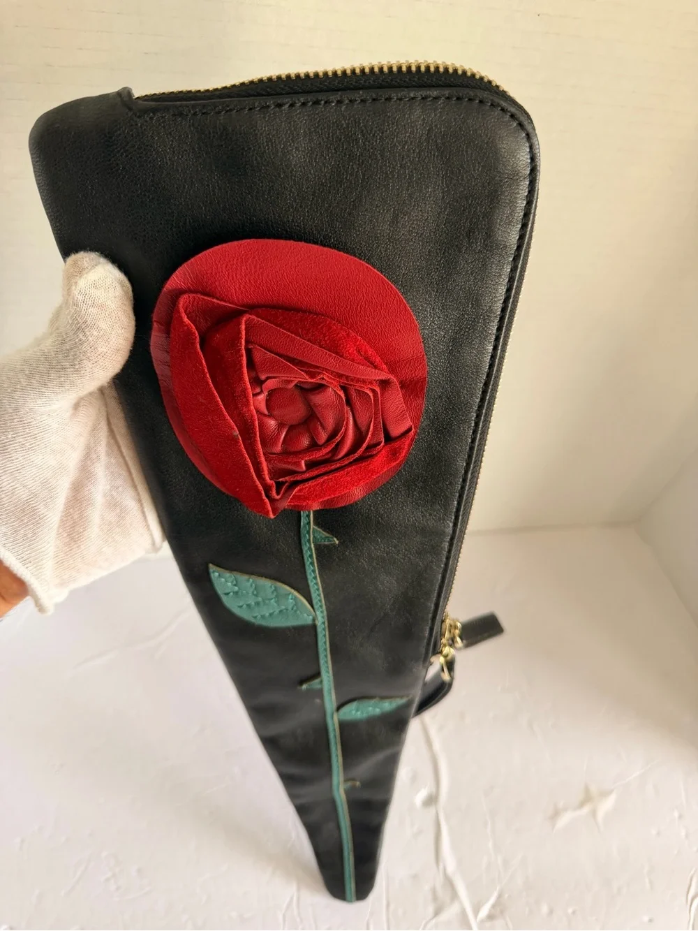 Heroine Sport Black Clutch Wristlet with Red Rose and Green Stem(rare)